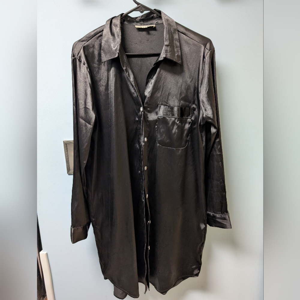 Black Satin Button-Up Shirt Pajama